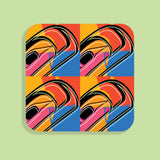 Colorful Pop Art inspired abstract design on a square coaster with a light green background