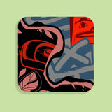 Square coaster with abstract design by KC Hall on a light green background